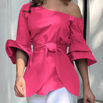 Flared Sleeves Asymmetric Knot Solid Color One-shoulder Blouses&shirts Tops