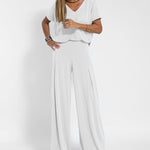 Nadorine Casual Two Pieces Set Short Sleeve V neck Tops and Wide Leg Long Pants