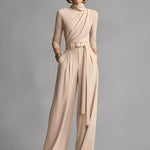 Women's Neutral-colored Cotton Blend Knit Jumpsuit With Gathered Waist