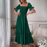 Ruffle Puff Sleeve Smocked Dress Square Neck Long Sleeve High Waist Flowy Maxi Dress