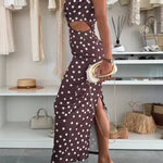 Roxane Polka Dot Print Shoulder Pad Metal Cutout Waist Slit Stretch Maxi Dress