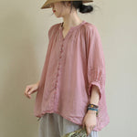 Black&Pink High-Low Half Sleeve Ramie Cotton Loose Shirt