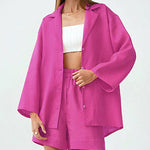 Nadorine Cotton Two-Piece Set Loose Fit Long-Sleeved Button Shirt Casual Shorts Suits