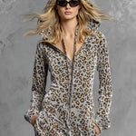 Casual Retro Gray Velvet Leopard Print Hooded Sweatshirt Wide-Leg Jumpsuit