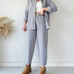 Simple Casual Two-Piece Set with Fleece Inside Lapel-Neck Shirt+Wide-leg Pants