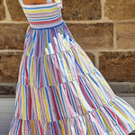 Multicolour Striped Print Smocked Lace Up Maxi Dress