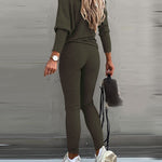 2 Pieces Outfit Skew Neck Long Sleeve Loose Pullover Top and Drawstring High Waist Slim Fit Pants Set