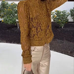 Palace Style Crochet Flower Lace Stand Neck Button Puff Sleeve Jacket