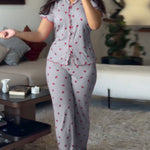 2 Pieces Outfit Strawberry Print Stand Collar Short Sleeve T-shirt and Pants Pajamas Set