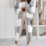 Women's Checkerboard Knit Cardigan Oversized Long Chunky Sweater Loose Lantern Sleeve Coat with Pockets