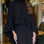 2 Pieces Outfit High Neck Hollow-out Back Ruffles High-Low Hem Cape and Casual Elastic Back Waist Wide Leg Pants Set