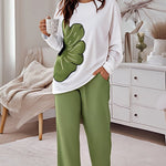 2 Pieces Outfit Floral Placement Print Long Sleeve Drop Shoulder Top and Elastic Waist Pants Set Causal Pajamas Set