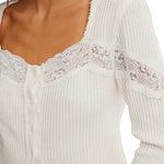 Women's French Style Waffle Knit Cardigan Square Neck Lace Patchwork Top Long Sleeve Button Front Slim Fit Blouse