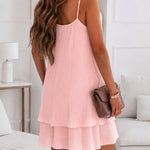 Women's Pearls Embellished Straps Mini Dress Backless Pleated Dress Casual Double Layer Lettuce Trim Cami Sun Dress