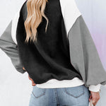 Nadorine Colorblock Bishop Sleeve Sweatshirt Plush Stitching Jumper Crop Top