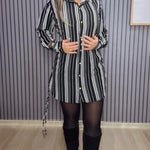 Women's Striped Shirt Dress Button Down Long Sleeve Shirred Waist Casual Dress