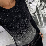 Women's Rhinestone Long Sleeve Top Slim Fit Round Neck Casual Pullover