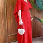 Overlap V-Neck Asymmetrical Ruffles Cape Design Cinched Waist Maxi Dress Elegant Shirred Back Evening Dress without Belt
