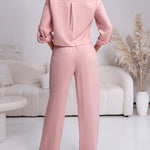 2 Pieces Outfit Turn-down Collar Turn-Up Sleeves Button Front Flap Pockets Design Top and Causal Zipper Fly Elastic Back Waist Wide Leg Pants Set