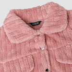 Textured Striped Turn-down Collar Button Front Elastic Cuff and Hem Teddy Fleece Jacket With Decorative Flap Pockets