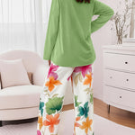 Women's 2 Piece Pajama Set Letter Long Sleeve Top and Floral Straight Leg Pants Casual Loungewear