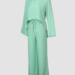 2 Piece Notch Neck Long Sleeve Asymmetrical Hem Tops Stretchy Waist Straight Leg Pants Lounge Sets Tracksuit