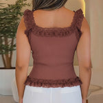 Contrast Lace Sleeveless Square Neck Crop Tank Casual Frill Hem Metal Button Decor Ribbed Knit Top