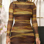 Tie Dye Print Mock Neck Long Sleeve Side Ruched Sexy Sheer Mesh Bodycon Dress with Cami Set