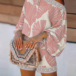 Women's Tropical Leaf Print 2 Piece Set Skew Neck Lantern Sleeve Top and Elastic Waist Shorts with Pockets & Lace