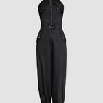 2 Pieces Outfits Sleeveless High Neck Cargo Pockets Design Top And Casual Cuffed Long Pants Set