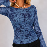 Women's Flocked Floral Boat Neck Sheer Mesh Long Sleeve Top Ruched Pullover