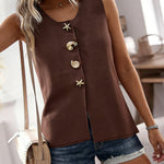Women's Knit Tank Top Starfish Shell Gold Button Sleeveless Vest Beach Vacation Casual Top