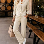 Women's 2 Piece Cable Knit Tracksuit Baseball Collar Crop Coat and High Waist Pants Set