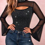 Women's Rhinestone Sheer Mesh Patchwork Cutout Mock Neck Long Sleeve Top