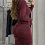 Women's Ruched Gold Ring Bodycon Dress Lace Spliced Deep V Neck Long Sleeve Mini Party Dress