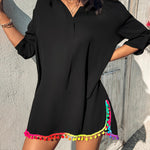 Turn-down Collar Roll Up Sleeve Tassel Hem Pompom Side Slit Straight Dress Casaul Dress