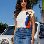 Women's Parrot Graphic Tee Loose Crewneck Cuffed Cap Sleeve T-Shirt Casual Top