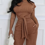 Women's Ribbed 2 Piece Outfits Tied Waist Crop Top and Straight Leg Pants Set Casual Matching Set with Pockets
