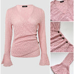 Women's Heart Jacquard Overlap V Neck Top Flare Long Sleeve Side Button Ruched Blouse Slim Fit Wrap Top