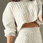 2 Piece Crewneck Long Sleeve Cable Knit Crop Sweater High Waist Shorts Tracksuits Outfits