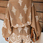 Women's Vintage Print Two-Piece Set Off-Shoulder Batwing Sleeve Top and High-Waisted Shorts Casual Vacation Set