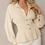 Women's Turn-down Collar Long Sleeve Button Front Blouse Shirred Waist Peplum Top