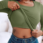 Built In Bra U Neck Tee High Stretchy Knit T-Shirt Long Sleeve Top