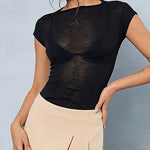 Round Neck Cap Sleeve Semi-Sheer Minimalist Slim Fit Top