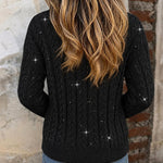 Women's Sequin Cable Knit Cardigan V Neck Button Down Slim Fit Long Sleeve Sweater