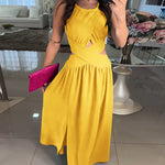 Halter Sleeveless Tied Detail Shirred Criss Cross Flared Dress Glamorous Evening Dress