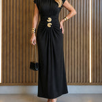 Women's Boat Neck Ruched Maxi Dress Gold Buckle Cap Sleeve Formal Evening Gown