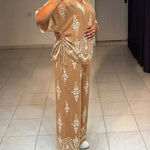Women's Vintage Print 2 Piece Outfits V Neck Drawstring Ruched Top and Wide Leg Pants Set Casual Loose Loungewear