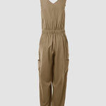Women's Cotton Linen Jumpsuit Cargo Utility Overalls Adjustable Straps Drawstring Suspender Jumpsuit