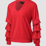 Keyhole Neck Long Sleeve Pullover Top Beaded Hollow Out Blouse Top